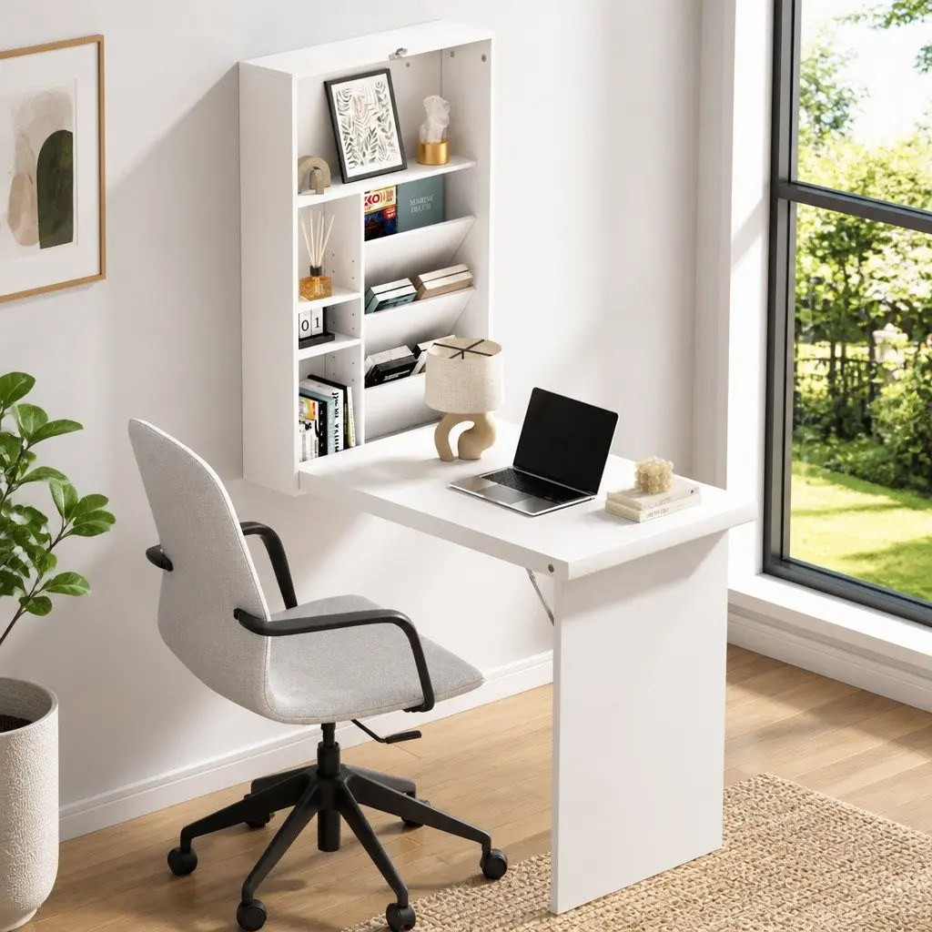 Foldable Wall-Mounted Computer Desk with Bookcase