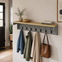 Wall Mounted Coat Rack Shelf with 7 Double Hooks Grey Oak Storage Hallway