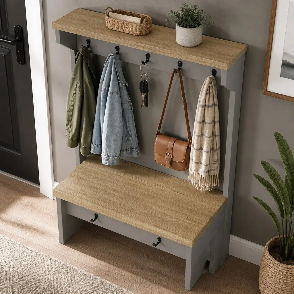 Wall Mounted Coat Rack Shelf with 7 Double Hooks Grey Oak Storage Hallway