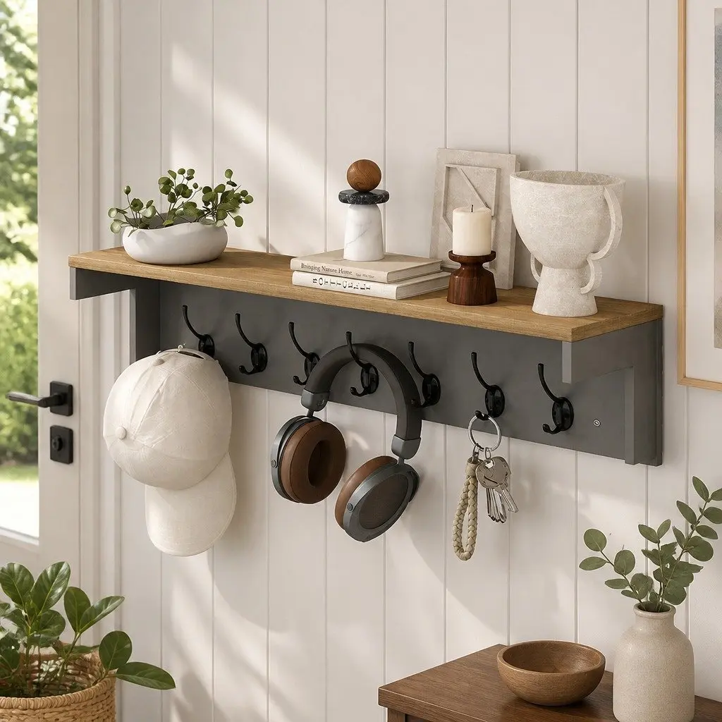 Wall Mounted Coat Rack Shelf with 7 Double Hooks Grey Oak Storage Hallway