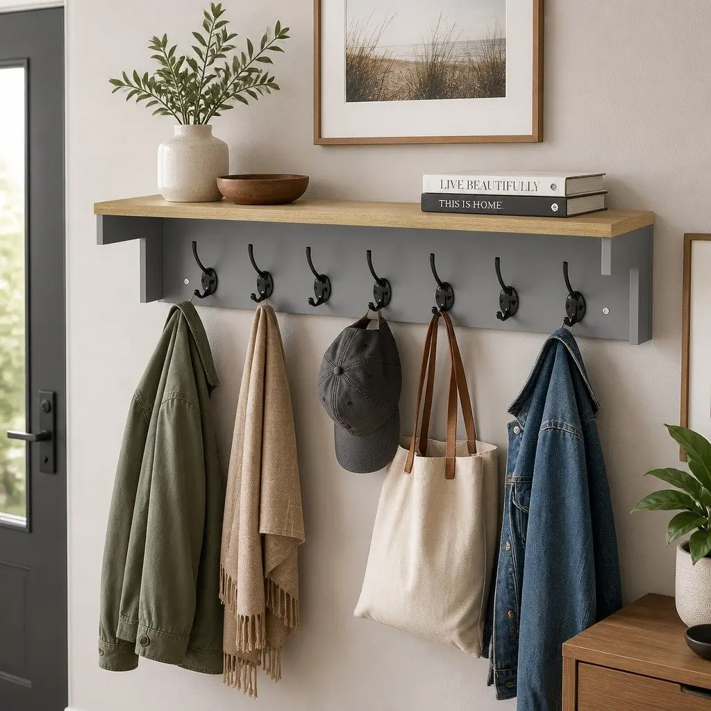 Wall Mounted Coat Rack Shelf with 7 Double Hooks Grey Oak Storage Hallway