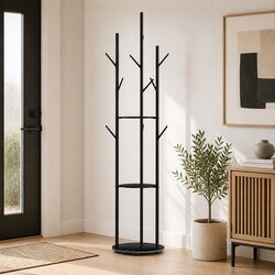Coat Rack Clothes Stand 9 Hook Organizer With Shelves Entryway Storage Black