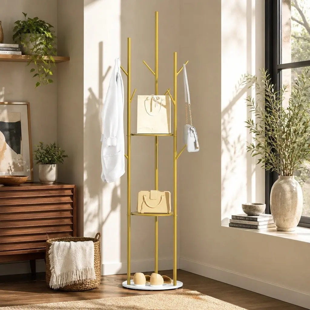 Coat Rack Steel 161cm Black Gold with Shelves
