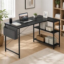 L Shaped Corner Desk with Storage Shelves Adjustable Legs Home Office