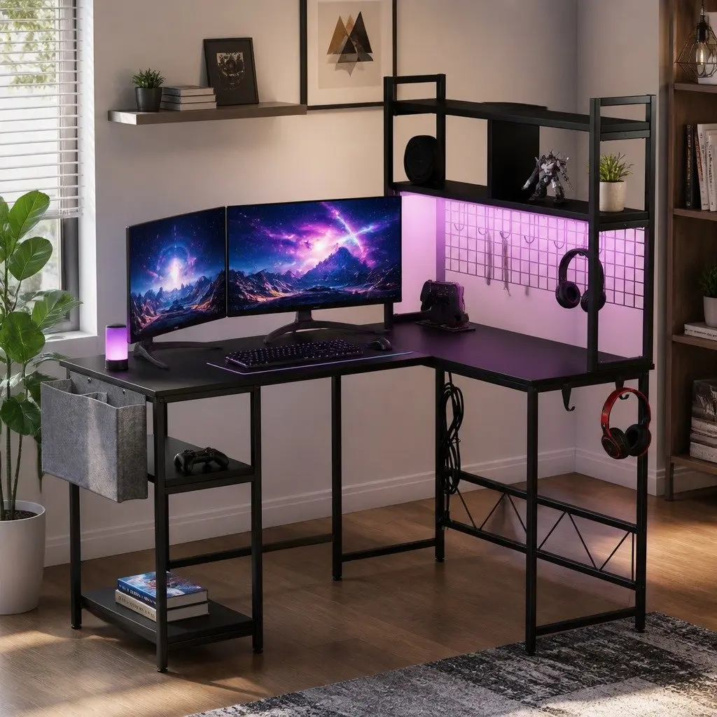 L Shaped Gaming Desk with RGB LED Lighting