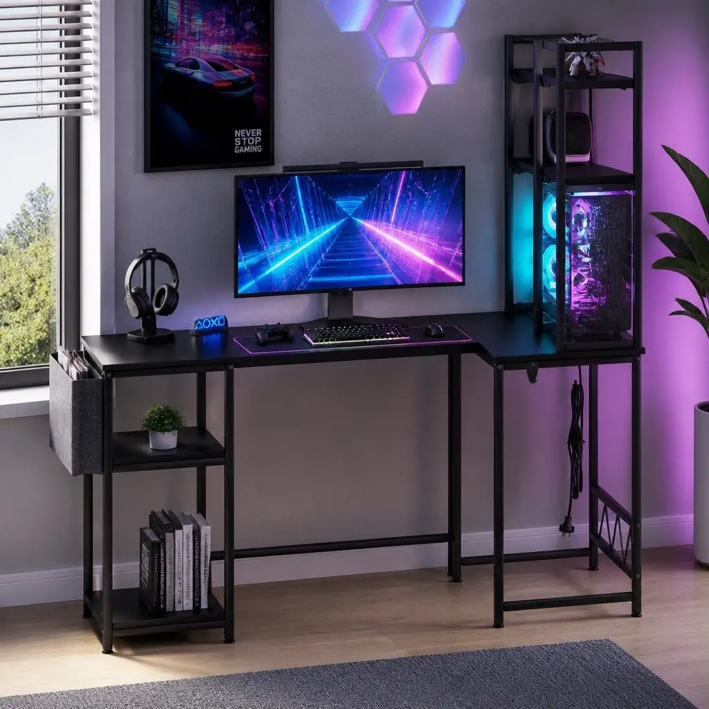 L Shaped Gaming Desk with RGB LED Lighting