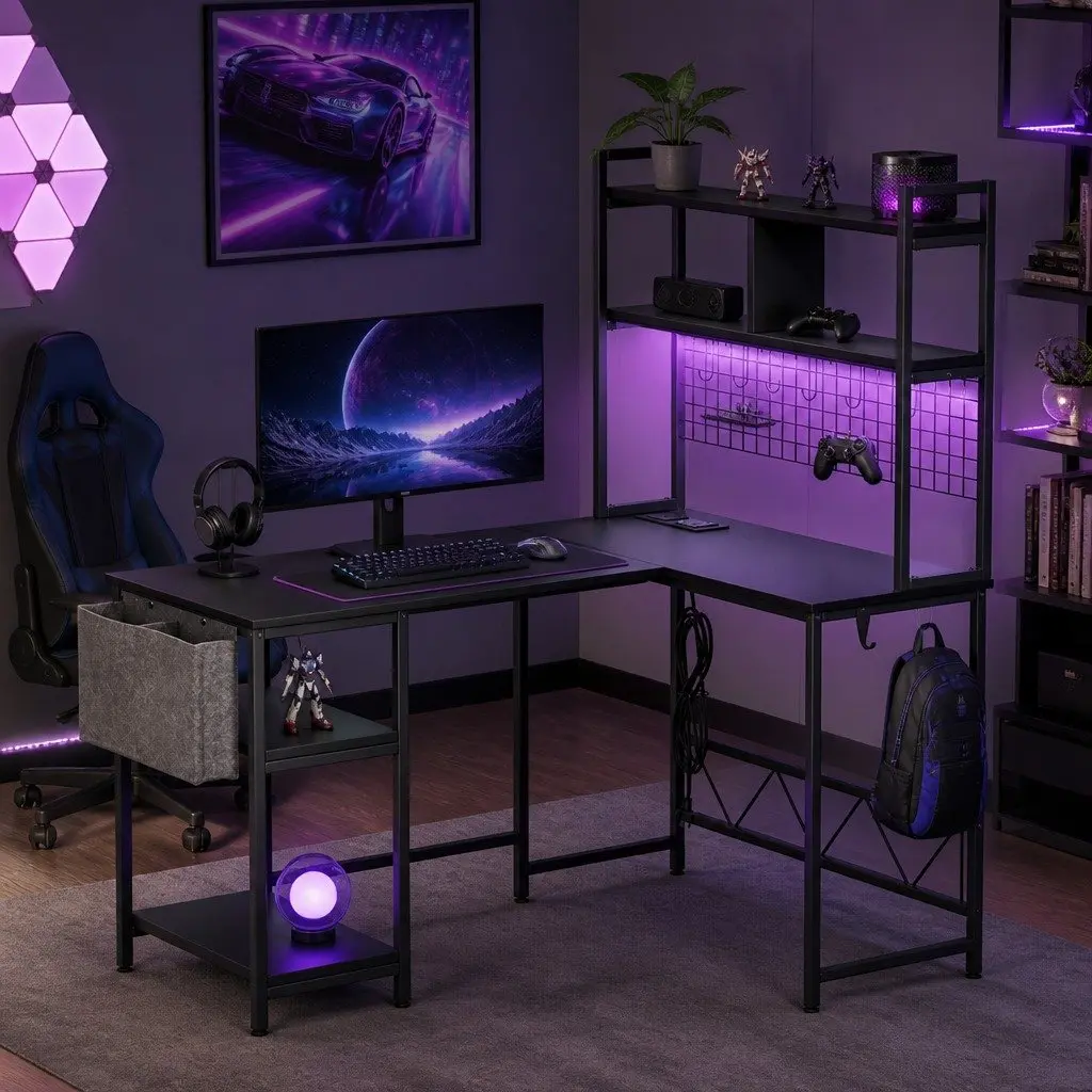 L Shaped Gaming Desk with RGB LED Lighting