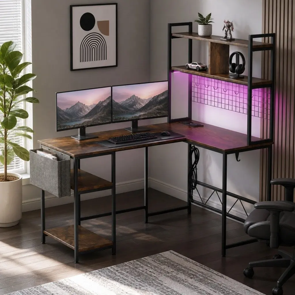 L Shaped Gaming Desk Solid MDF Steel Frame 124cm x 92cm x 152cm Brown RGB LED Lights
