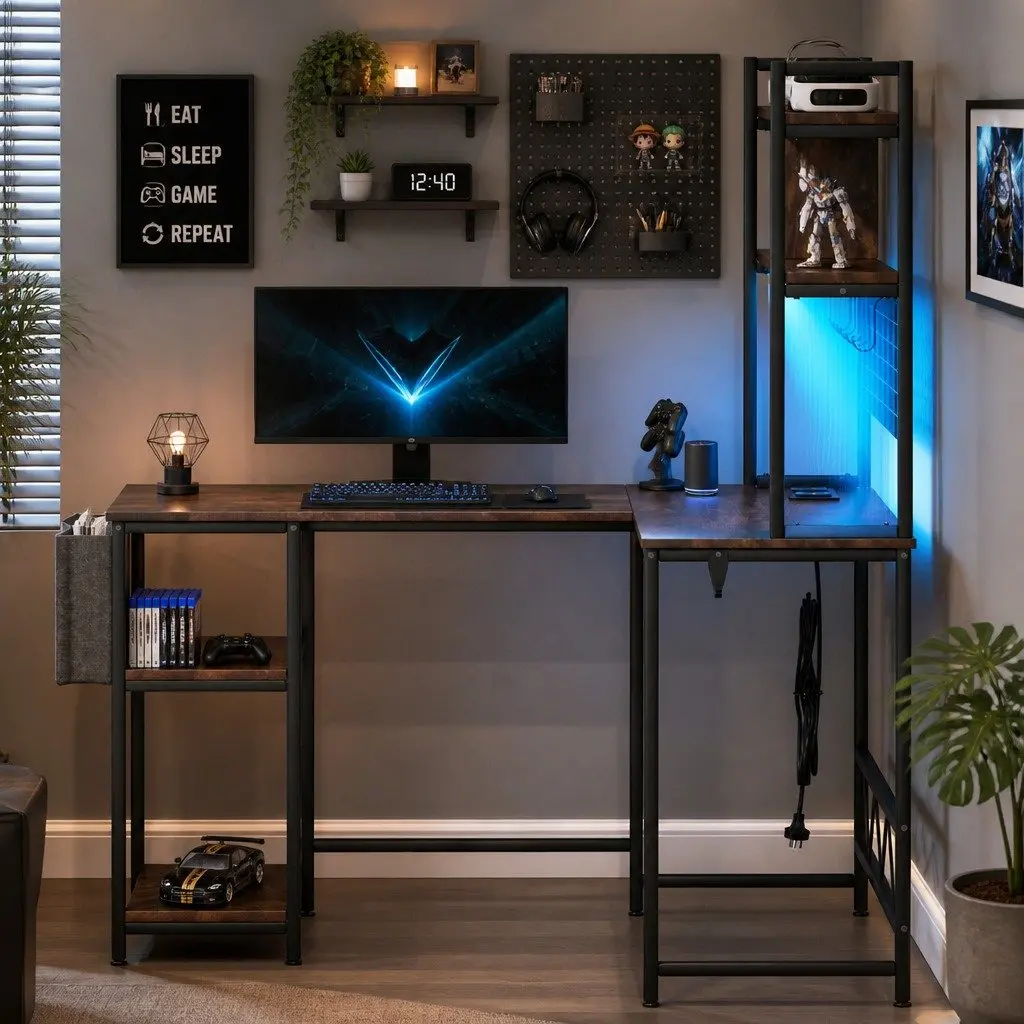 L Shaped Gaming Desk Solid MDF Steel Frame 124cm x 92cm x 152cm Brown RGB LED Lights