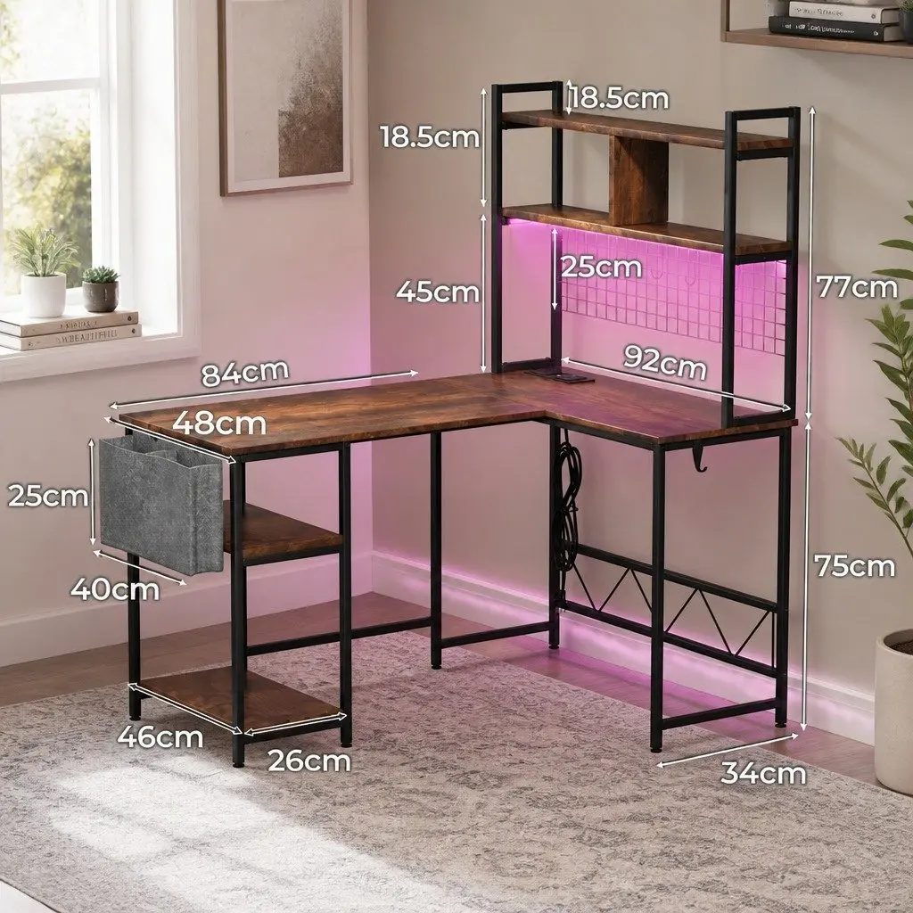 L Shaped Gaming Desk Solid MDF Steel Frame 124cm x 92cm x 152cm Brown RGB LED Lights