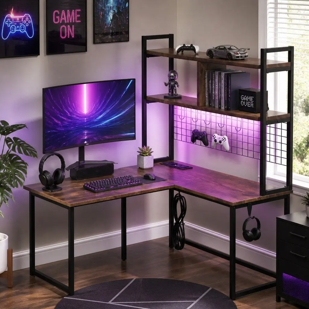 L Shaped Gaming Desk Solid MDF Steel Frame 124cm x 92cm x 152cm Brown RGB LED Lights