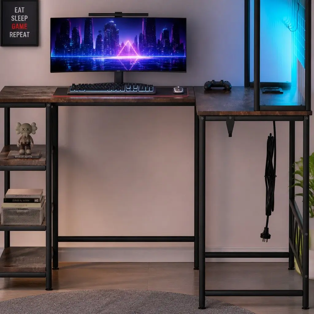L Shaped Gaming Desk Solid MDF Steel Frame 124cm x 92cm x 152cm Brown RGB LED Lights