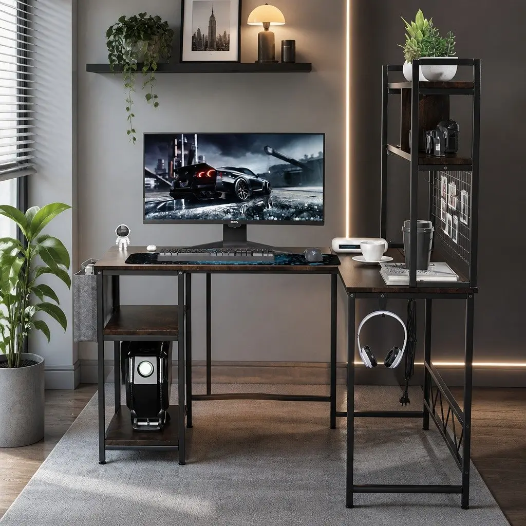 L Shaped Gaming Desk Solid MDF Steel Frame 124cm x 92cm x 152cm Brown RGB LED Lights