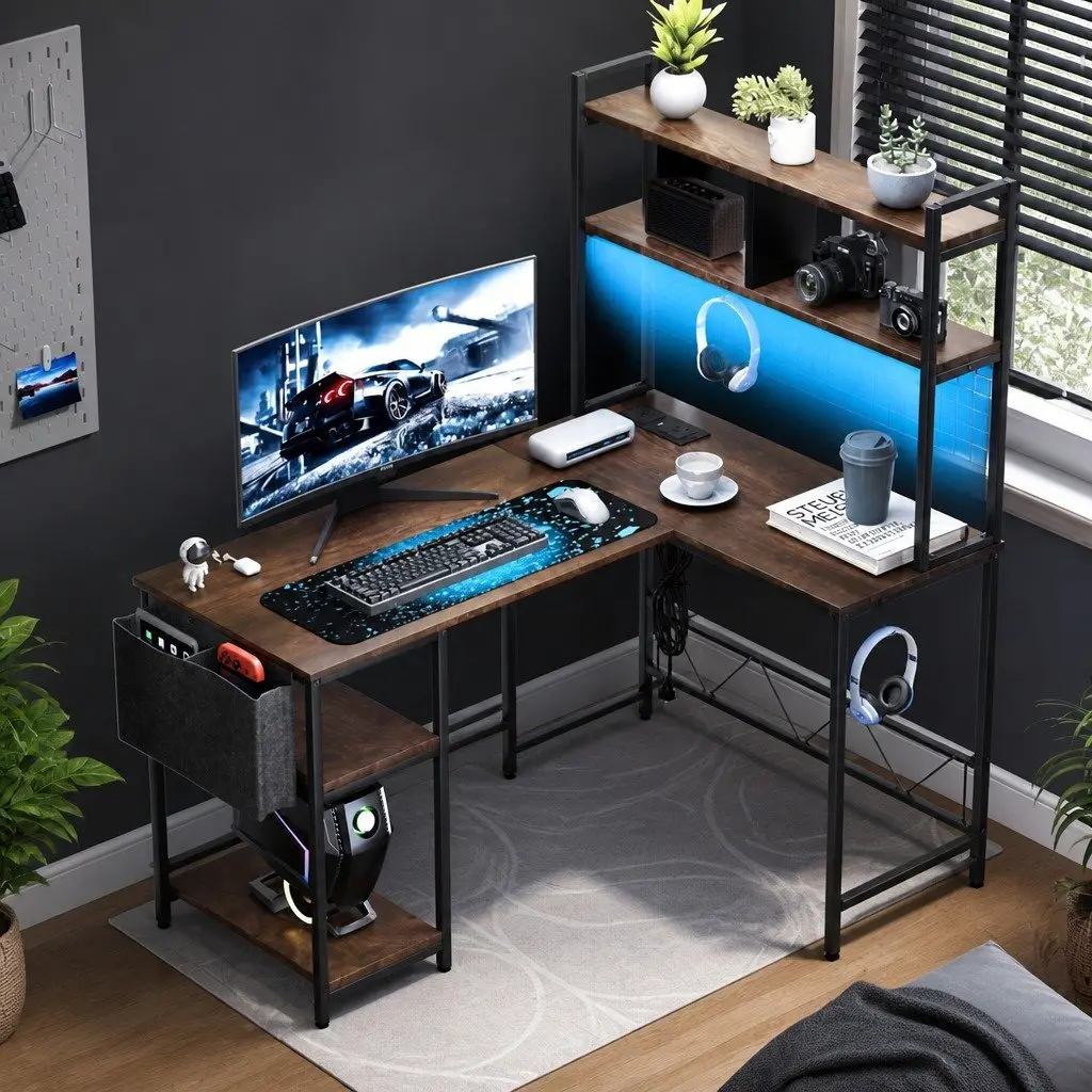 L Shaped Gaming Desk Solid MDF Steel Frame 124cm x 92cm x 152cm Brown RGB LED Lights
