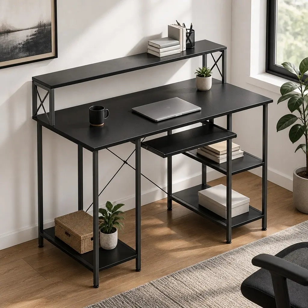 Industrial Style Black Office Gaming Desk with Monitor Stand