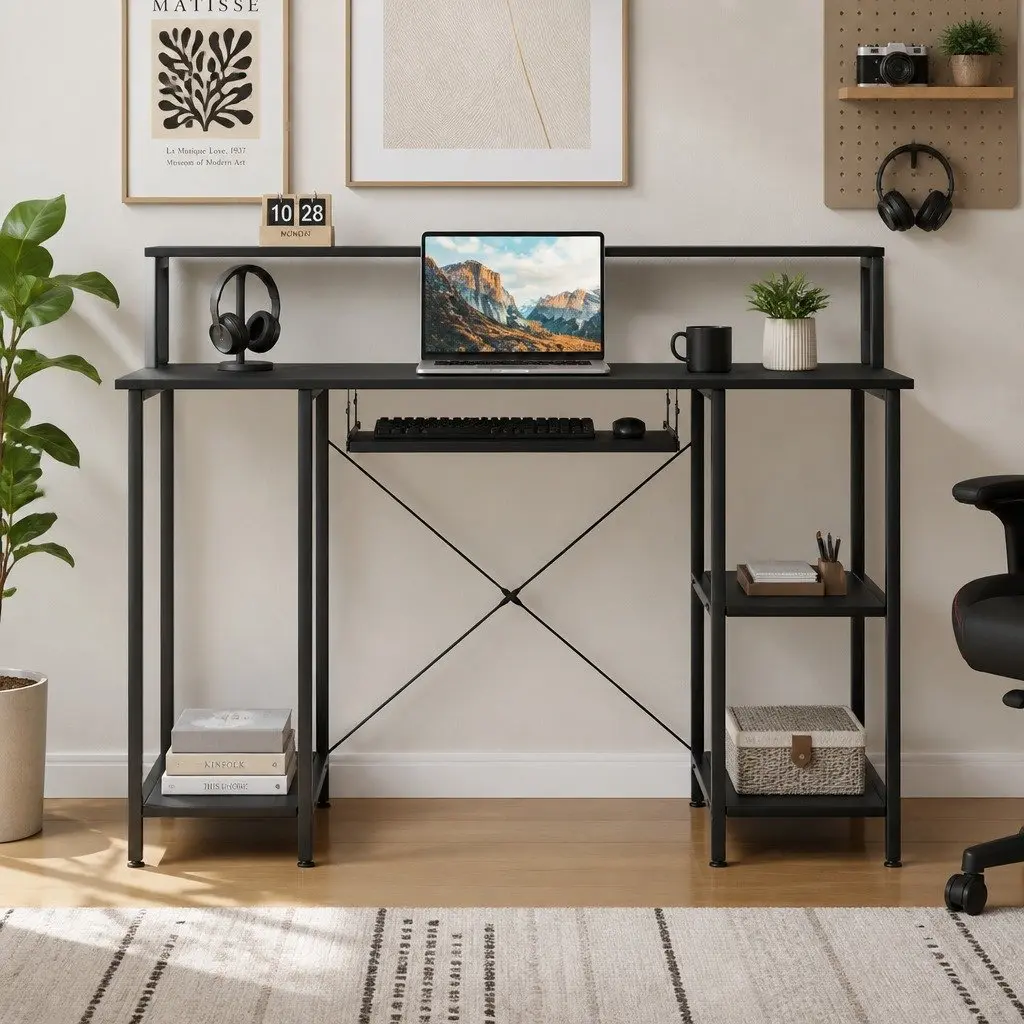 Industrial Style Black Office Gaming Desk with Monitor Stand