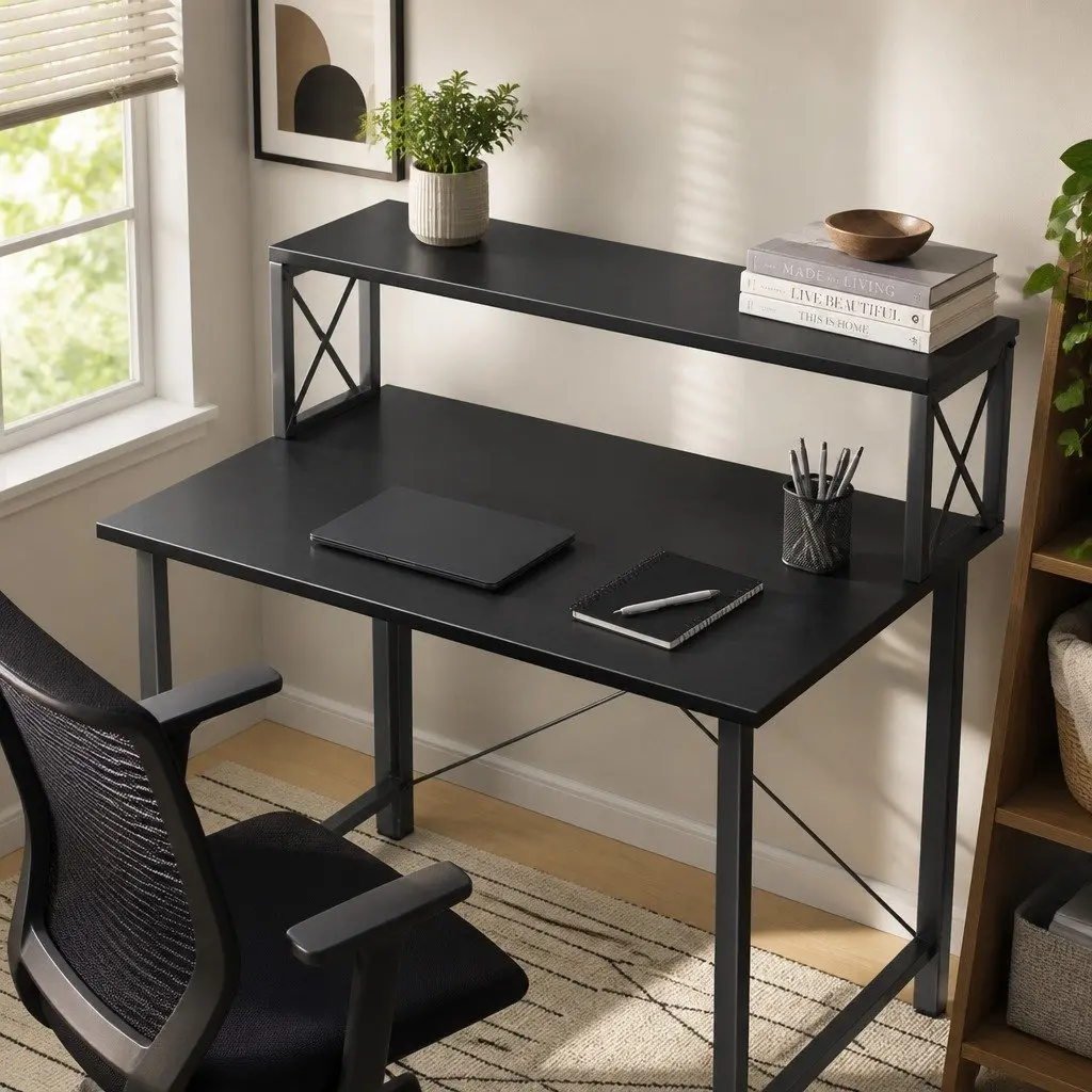 Industrial Style Black Office Gaming Desk with Monitor Stand