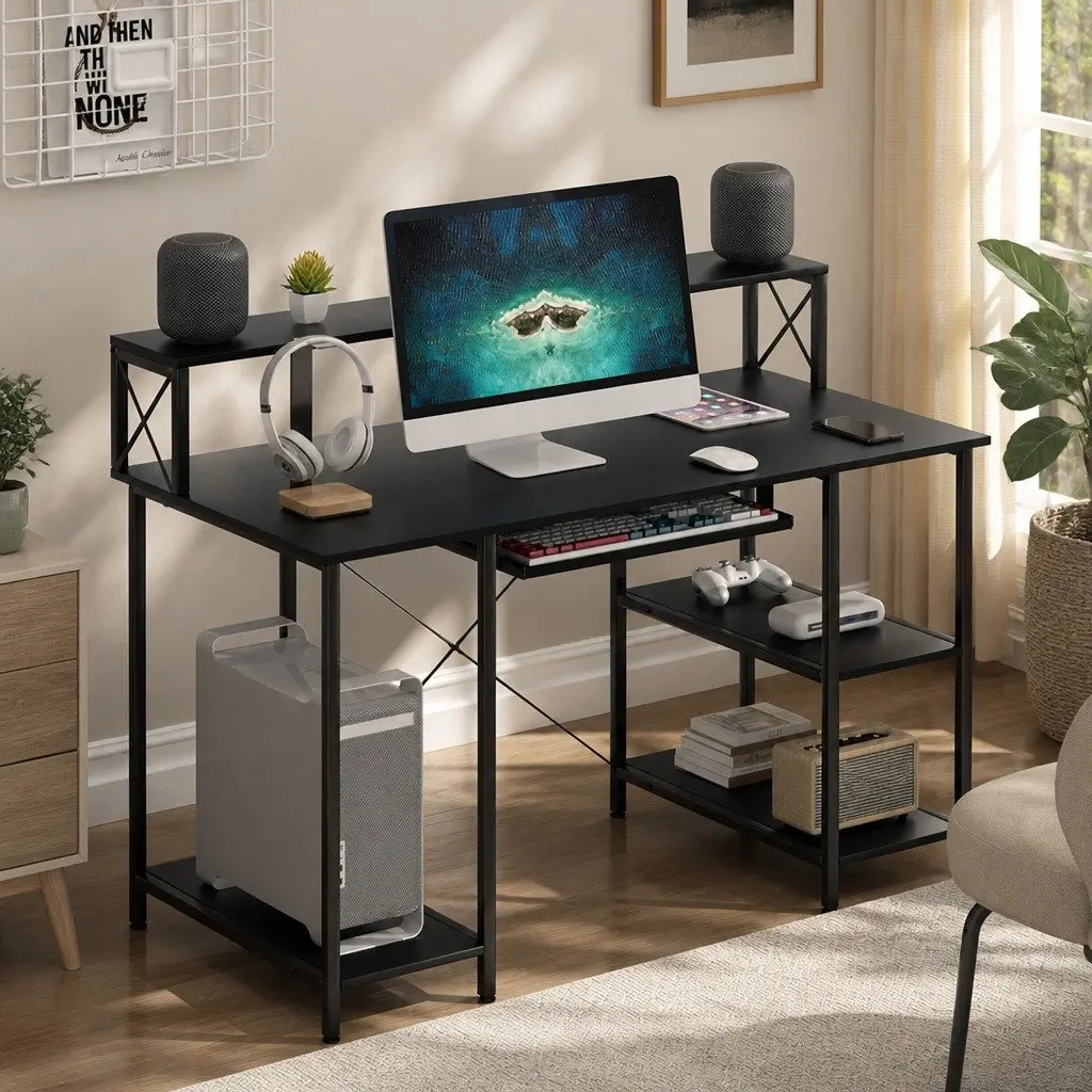 Industrial Style Black Office Gaming Desk with Monitor Stand