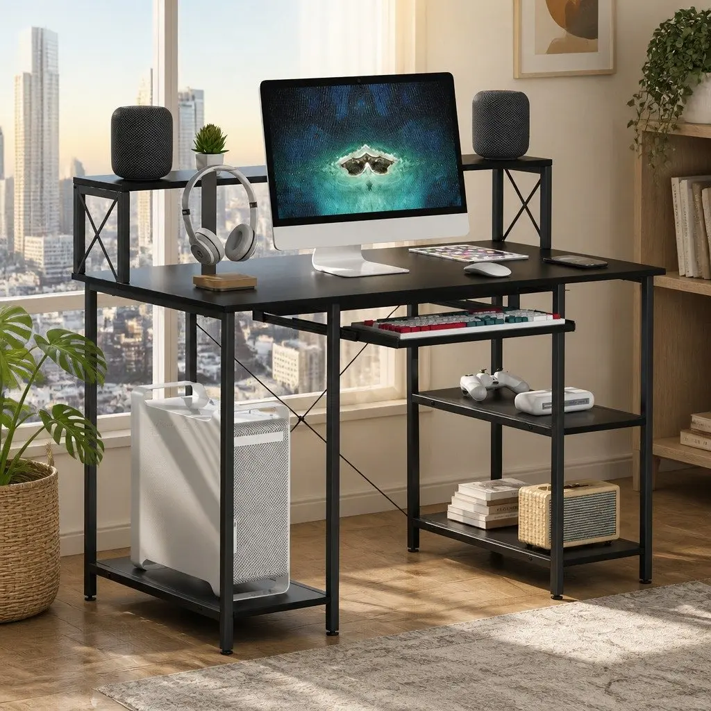 Industrial Style Black Office Gaming Desk with Monitor Stand