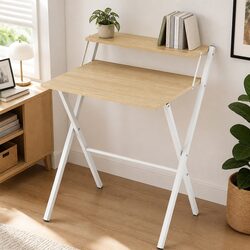 Sturdy Oak White Foldable Computer Desk with Monitor Shelf
