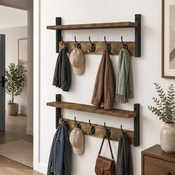 Wall Mounted Coat Rack Set of 2 with Shelf Double Hooks Entryway Hallway