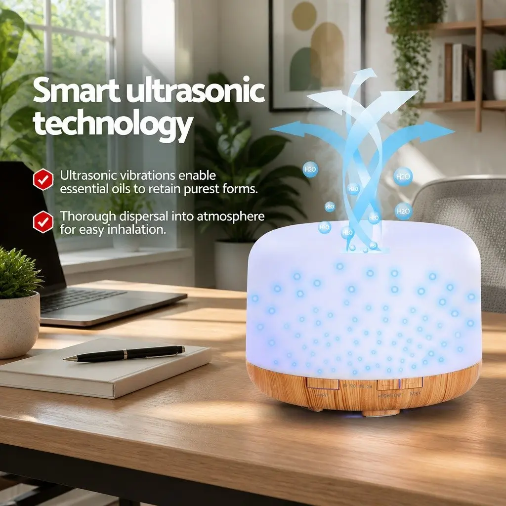 Aroma Diffuser Ultrasonic Humidifier 500ml White with Light Wood Base