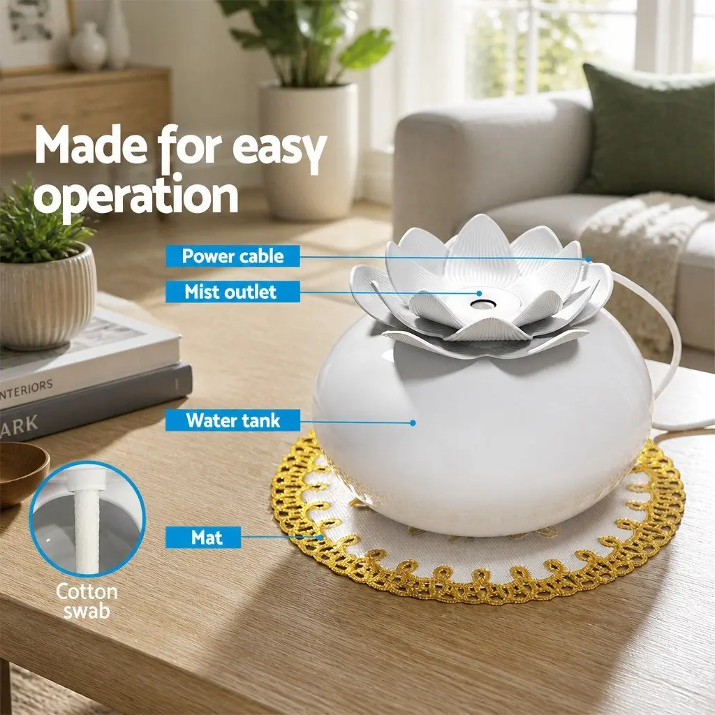 Aroma Diffuser Ceramic 200ml White Lotus Ultrasonic Humidifier