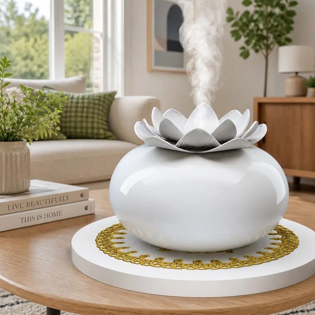 Aroma Diffuser Ceramic 200ml White Lotus Ultrasonic Humidifier