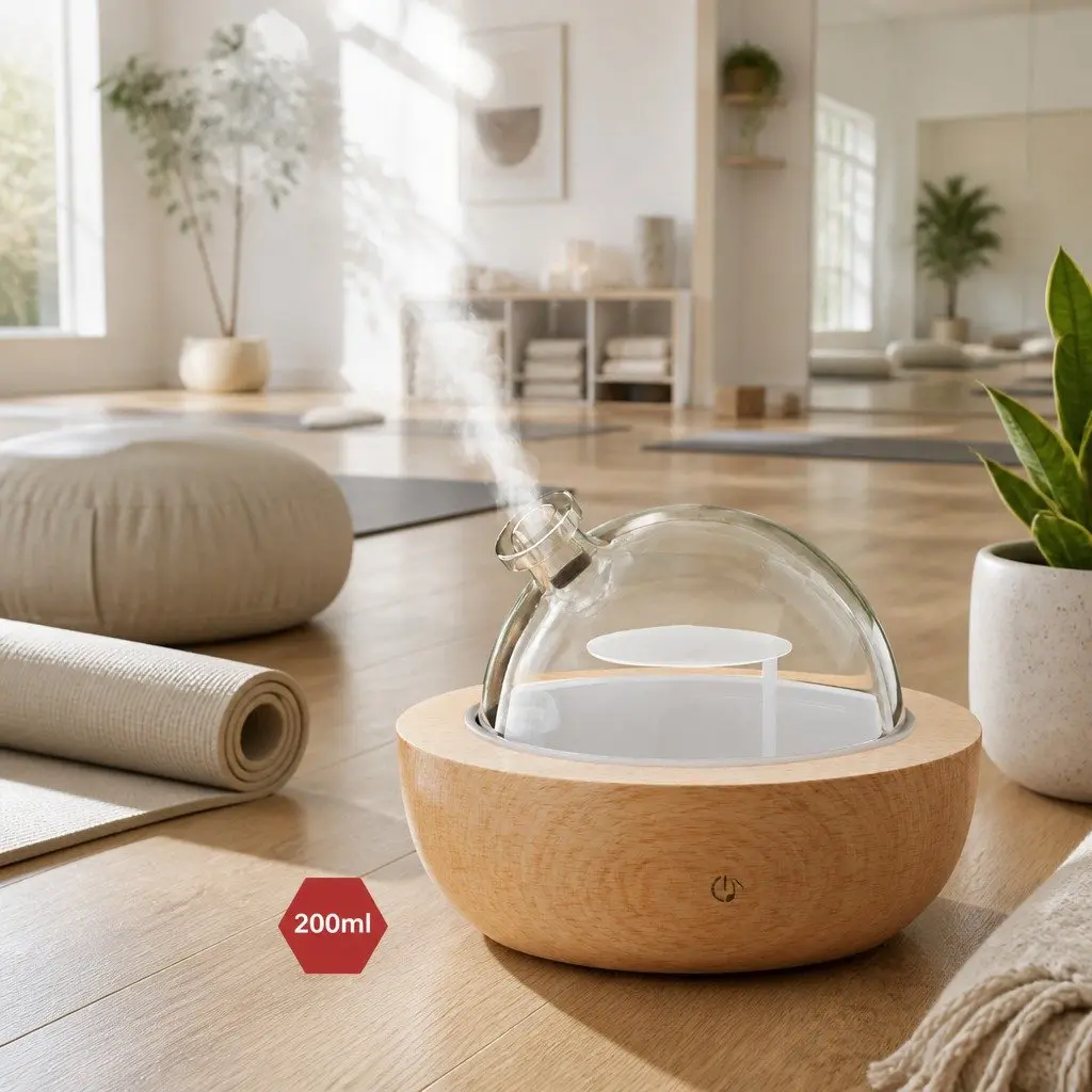 Aroma Diffuser Glass Dome 200ml Wood Base Light Wood