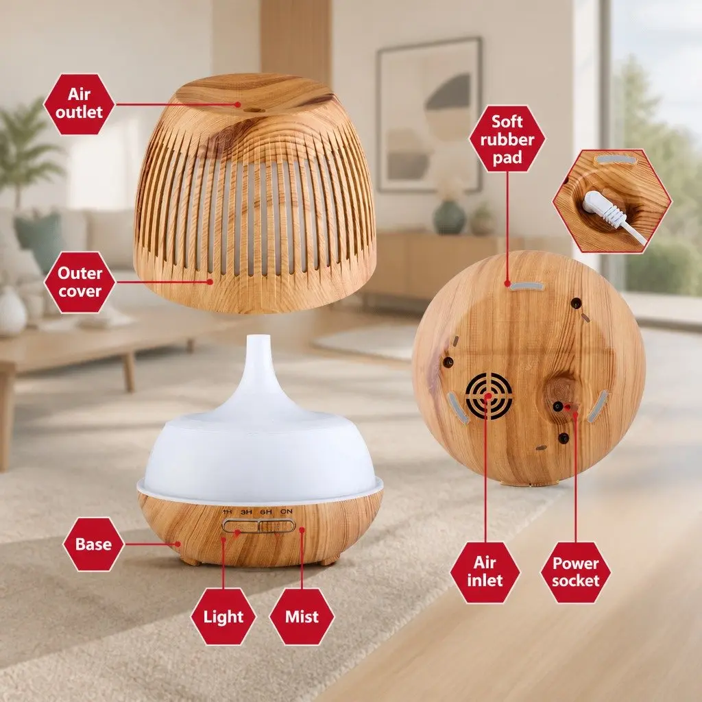Aroma Diffuser ABS 400ml Light Wood Ultrasonic Humidifier 7 Colour LED Night Light
