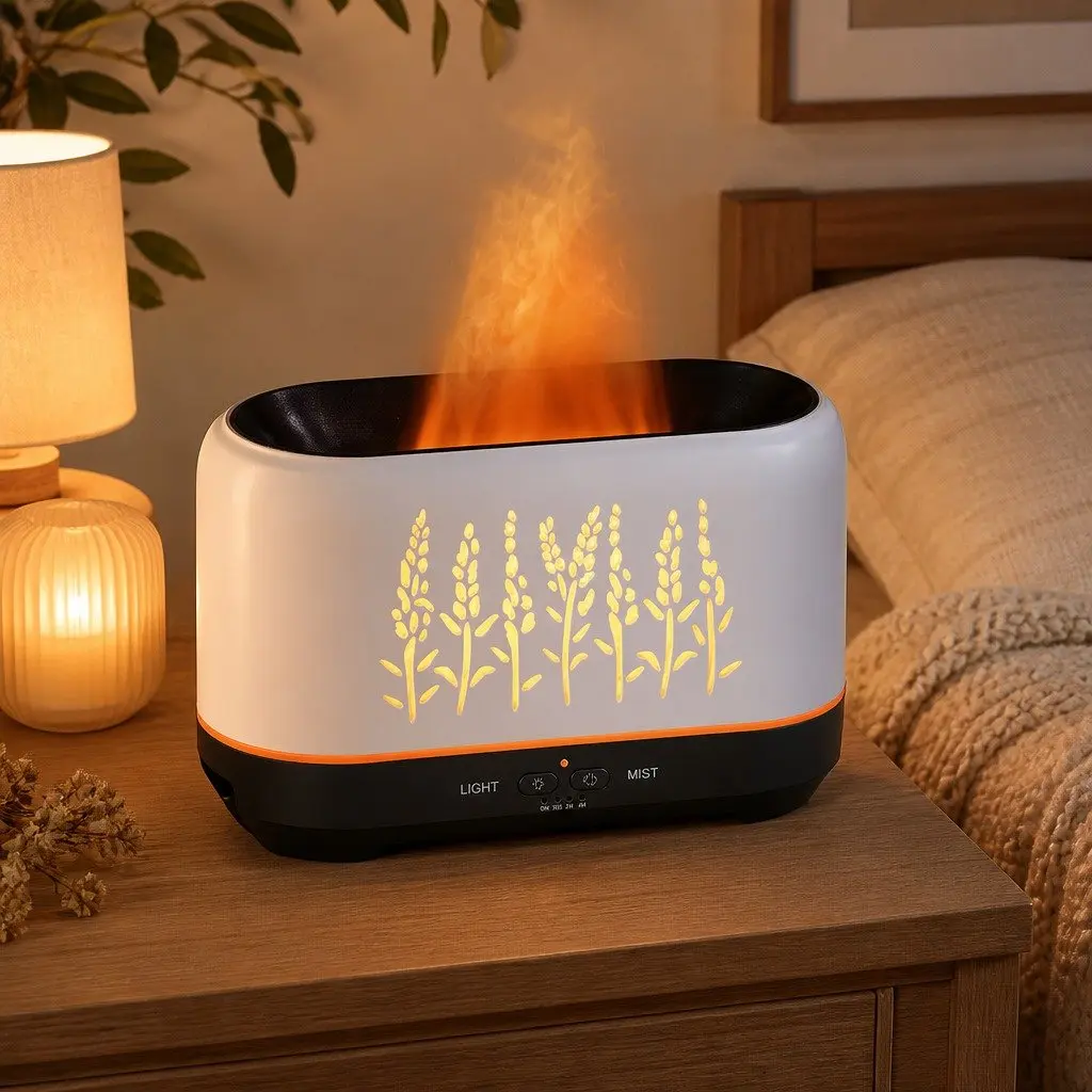 Aroma Diffuser 200ml White Ultrasonic Humidifier Simulated Flame Effect