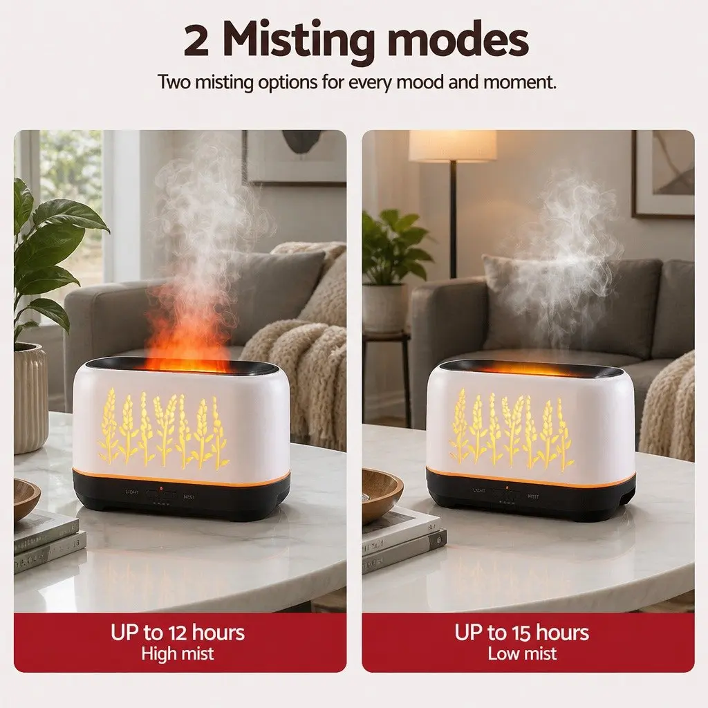 Aroma Diffuser 200ml White Ultrasonic Humidifier Simulated Flame Effect