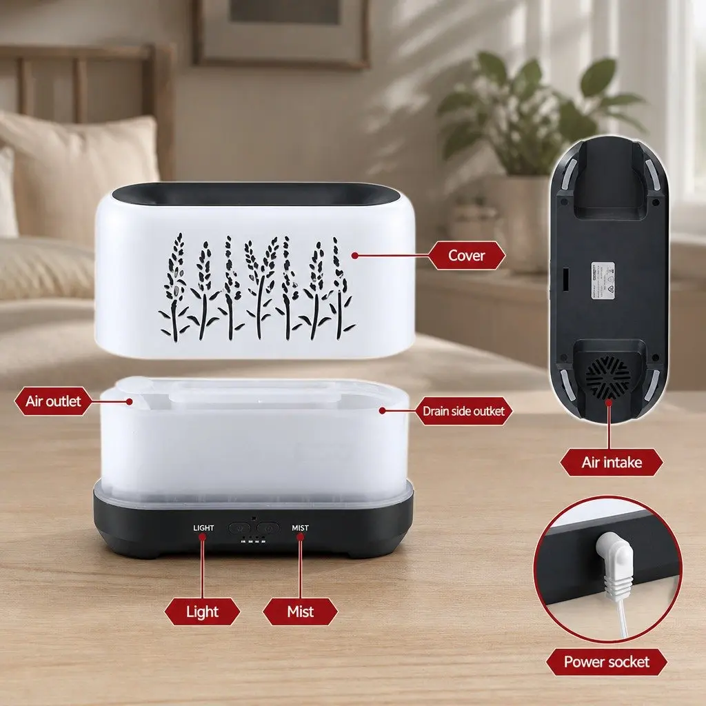 Aroma Diffuser 200ml White Ultrasonic Humidifier Simulated Flame Effect