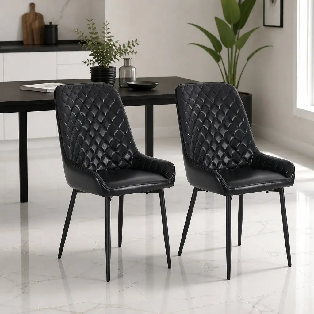 Set of 2 Retro Dining Chairs in Black PU Leather