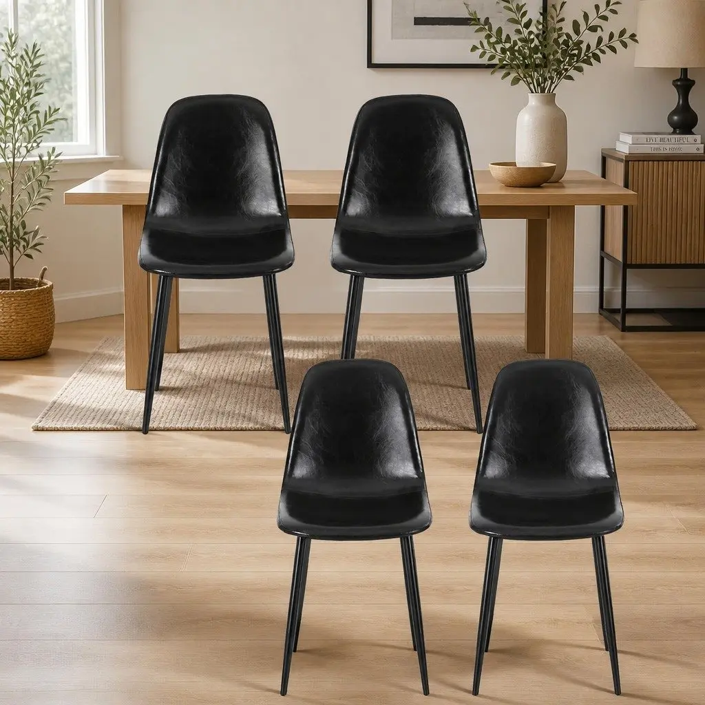 Dining Chairs PU Leather Black Set of 4 Retro Kitchen Lounge Cafe Accent Seating