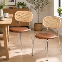 Set of 2 Stylish PU Leather Dining Chairs with Rattan Backrest