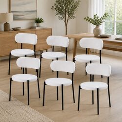 Set of 6 White Sherpa Boucle Dining Chairs with Metal Legs
