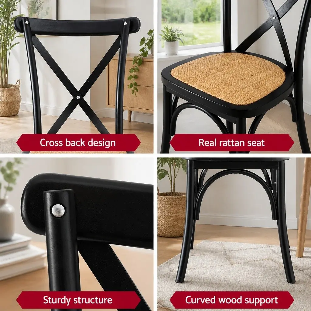 Dining Chairs Rattan Seat Wooden Frame Black 4 Piece