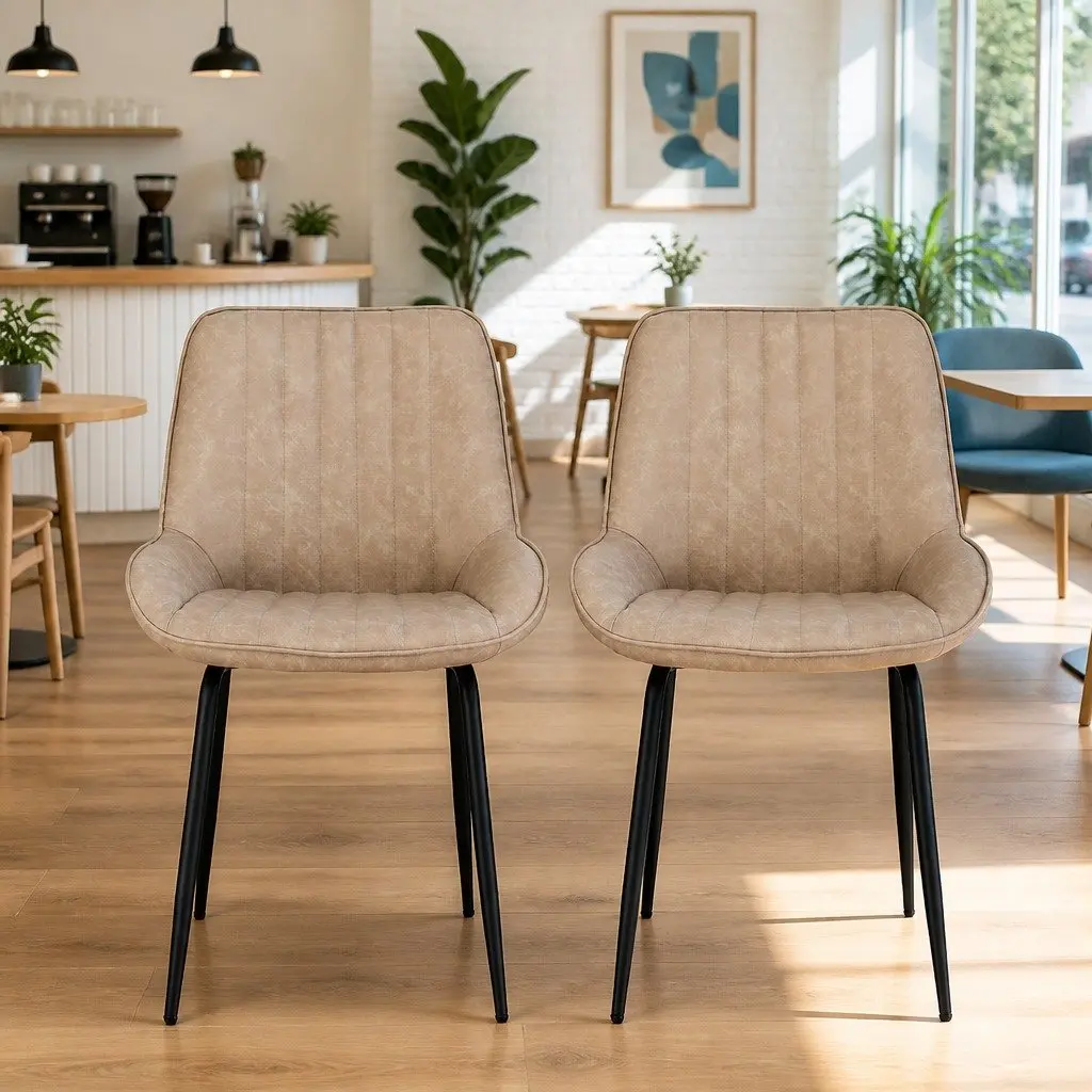 Dining Chairs PU Leather Brown Channel Tufted Ergonomic Curved Backrest Set of 2