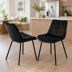 Tufted Velvet Dining Chairs with Black Metal Legs - Set of 2