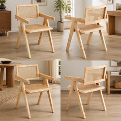 Set of 4 Durable Wooden Dining Chairs with Rattan Seats