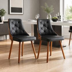Black PU Leather Dining Chairs with Diamond Tufting - Set of 2