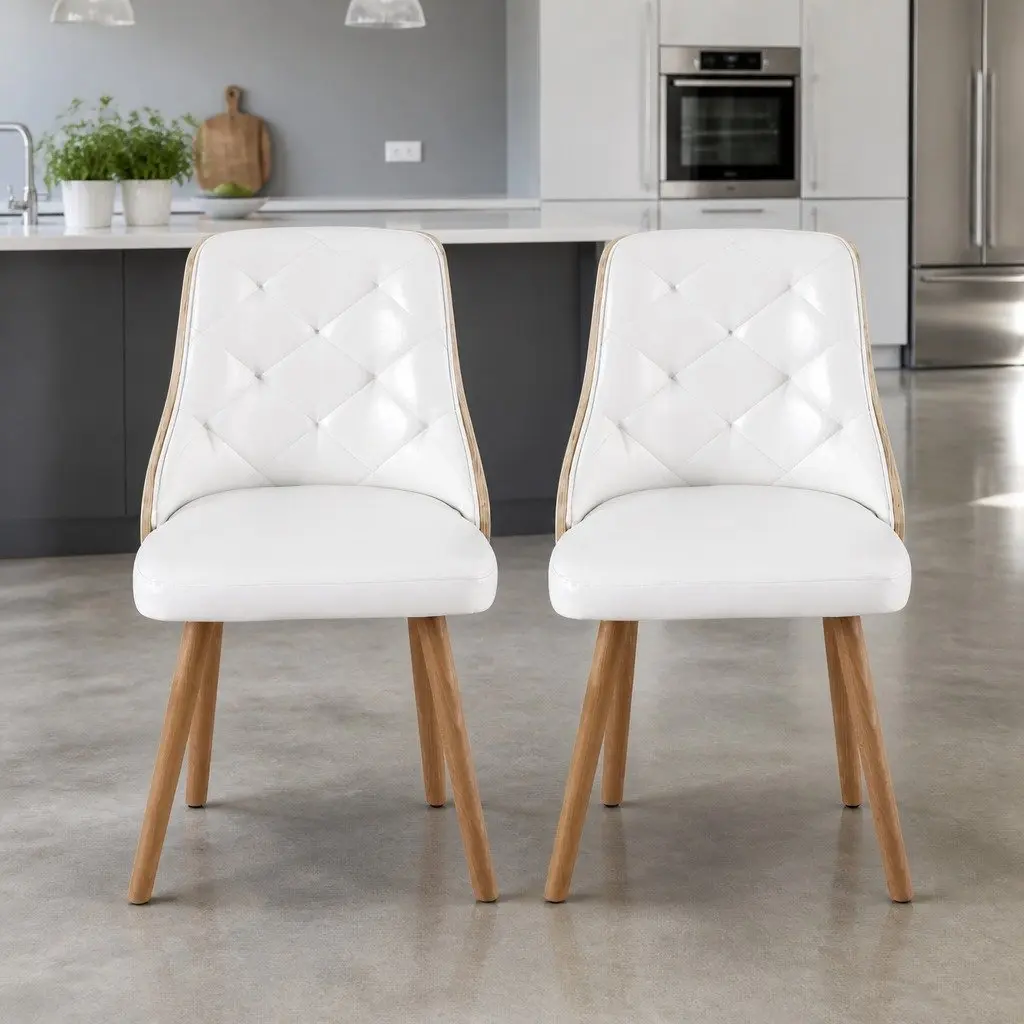 Dining Chairs PU Leather White Diamond Tufted 2 Piece