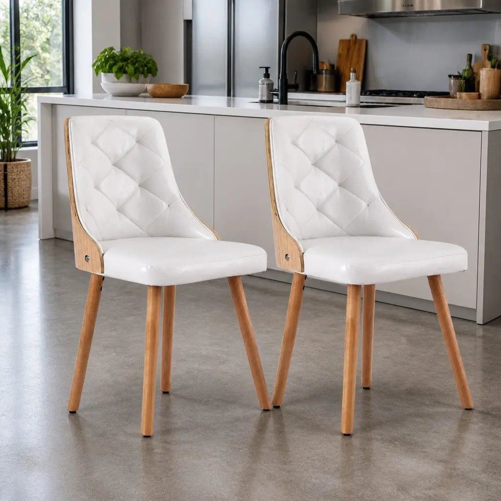 Dining Chairs PU Leather White Diamond Tufted 2 Piece