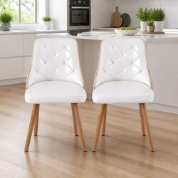 Set of 4 White PU Leather Dining Chairs with Tufted Design