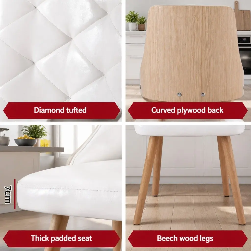 Dining Chairs Set of 4 White PU Leather Kitchen Seats Diamond Tufted Design