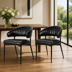 Set of 2 Black Leather Dining Armchairs with Sturdy Frame