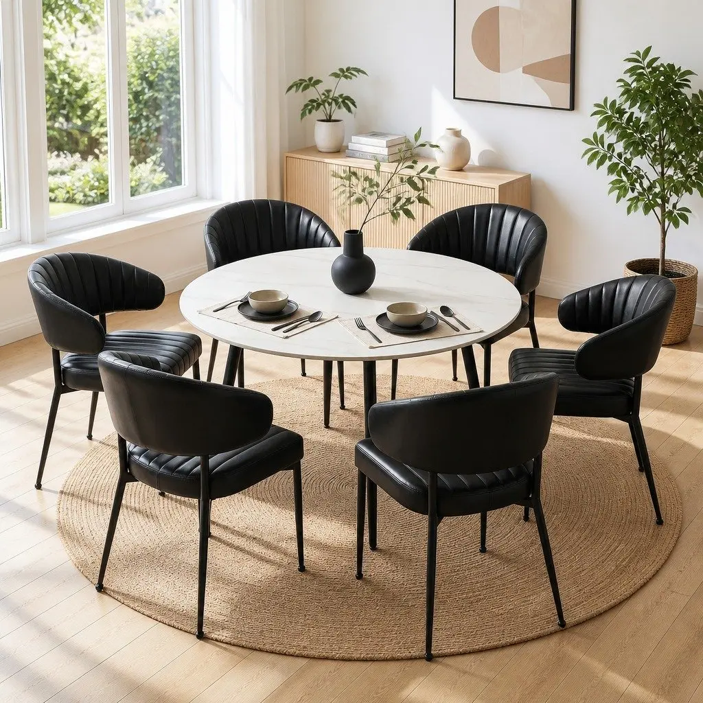 Dining Chairs PU Leather Metal Frame Set of 6 Black Padded Cushion
