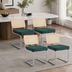 Set of 4 Green Velvet Dining Chairs with Rattan Backrest