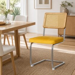 Stylish Set of 2 Yellow Velvet Dining Chairs with Rattan Backrest